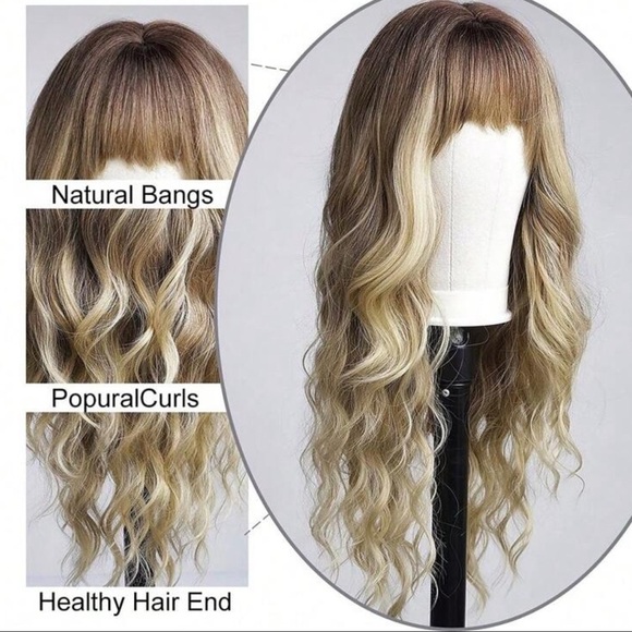 24 Inch Ombre Brown Rooted & Blonde highlights Wavy Hair with bangs Lon… - Picture 3 of 11